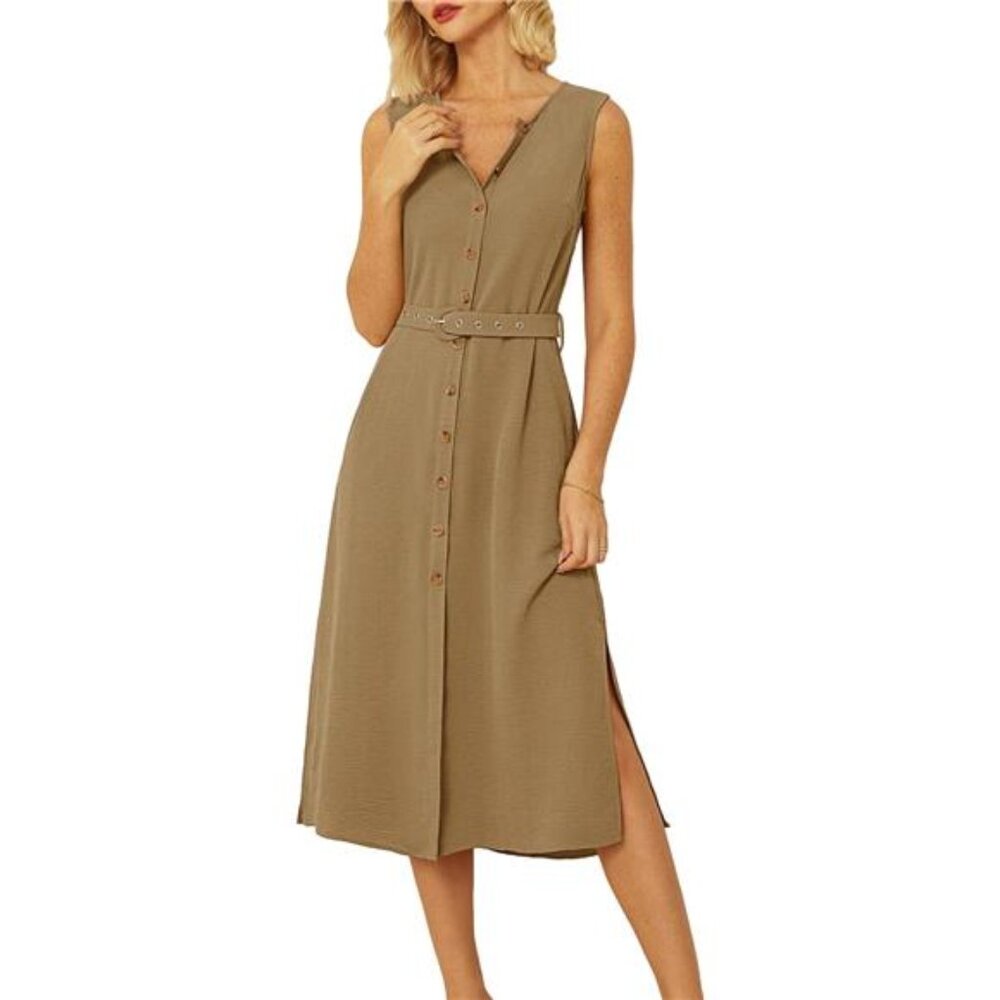 Women's Casual Summer Dress Belted Sleeveless Button Down Shirt Dress